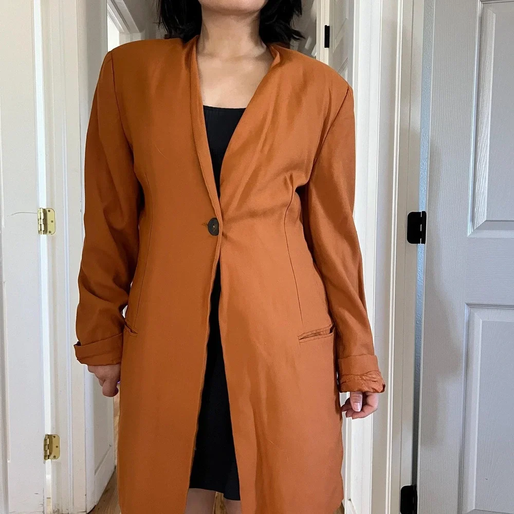 Vintage 90s orange long Rayon blazer oversized classic minimalist large office - Picture 8 of 15